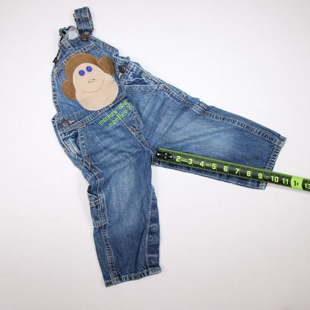 OshKosh B'Gosh Baby Boy Size 12 Months Monkey See Monkey Do Blue Denim Overalls
